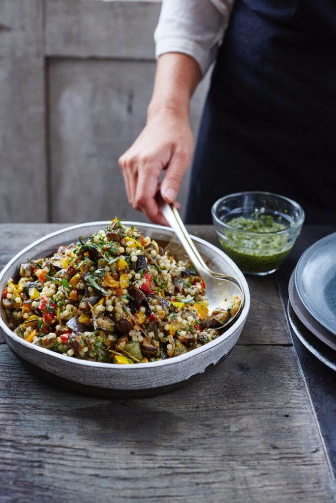 Roasted vegetable and giant couscous with salsa verde dressing