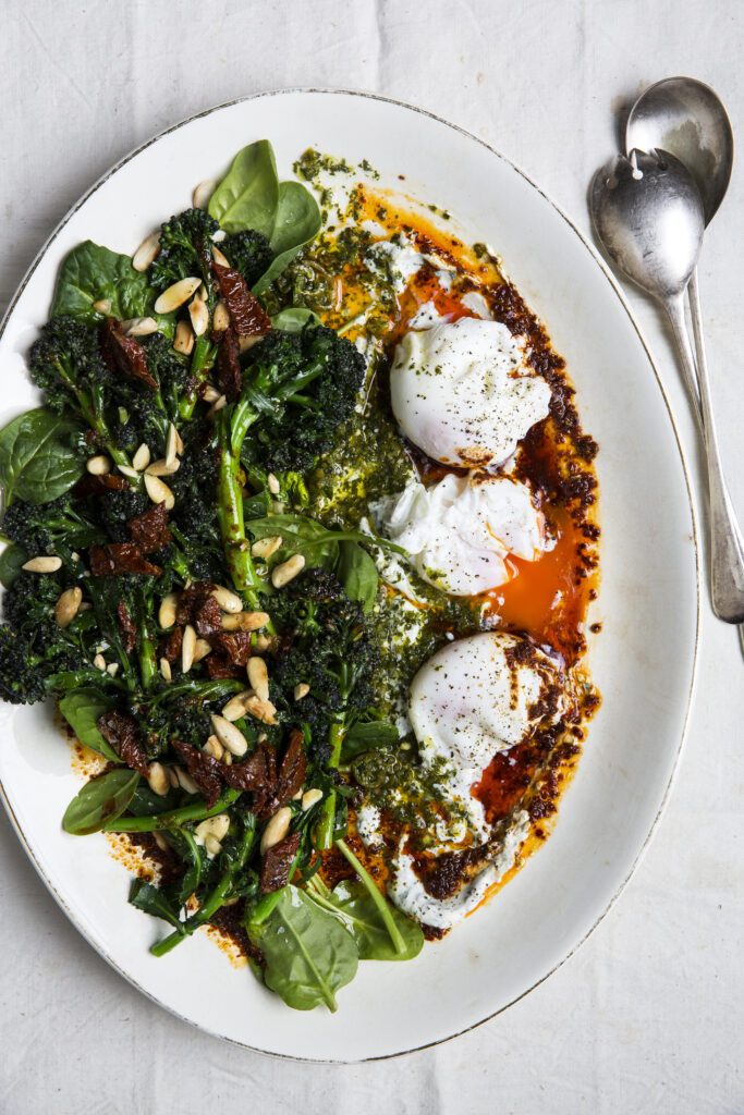 Turkish eggs with broccoli, spinach and sundried tomatoes Kathryn Bruton Food & Drink