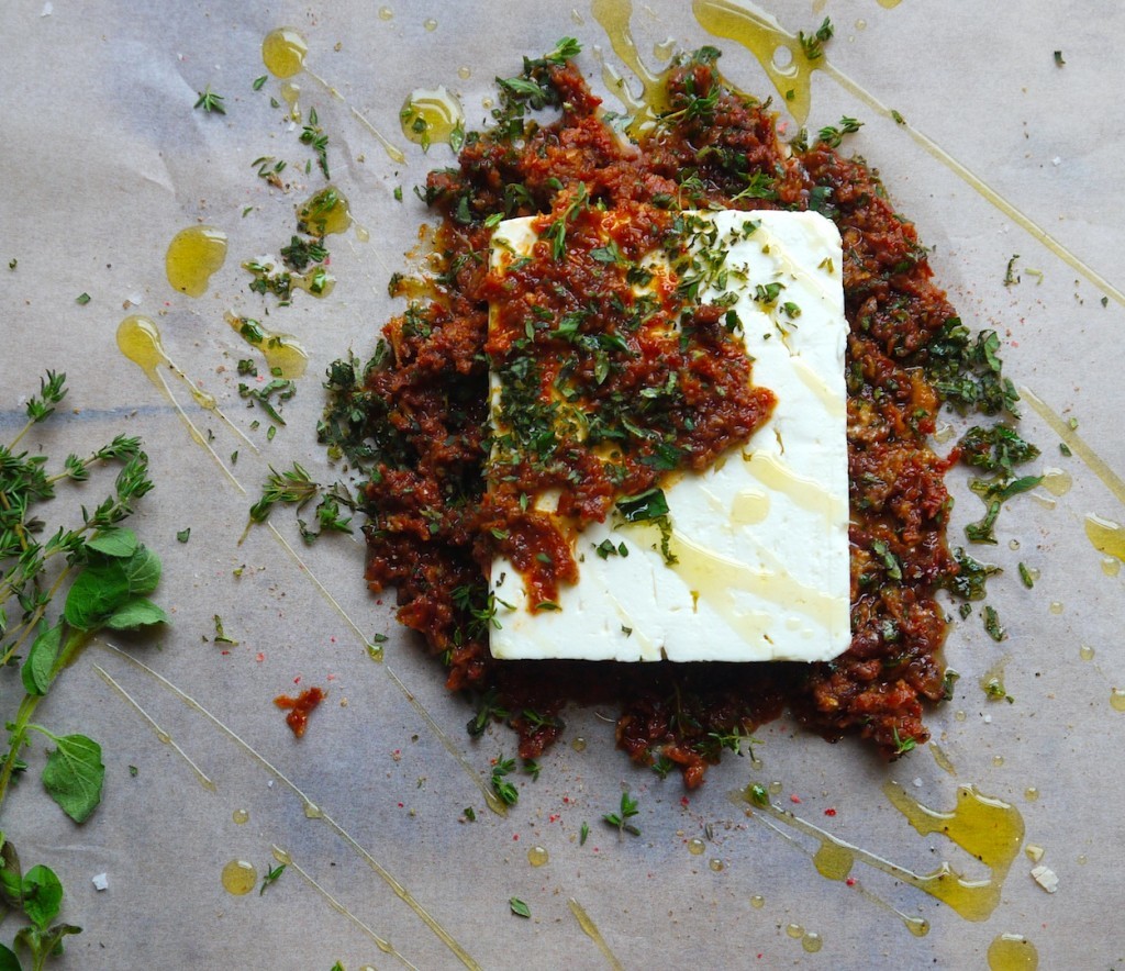Baked feta cheese with sun dried tomato and capers - Kathryn Bruton Food & Drink